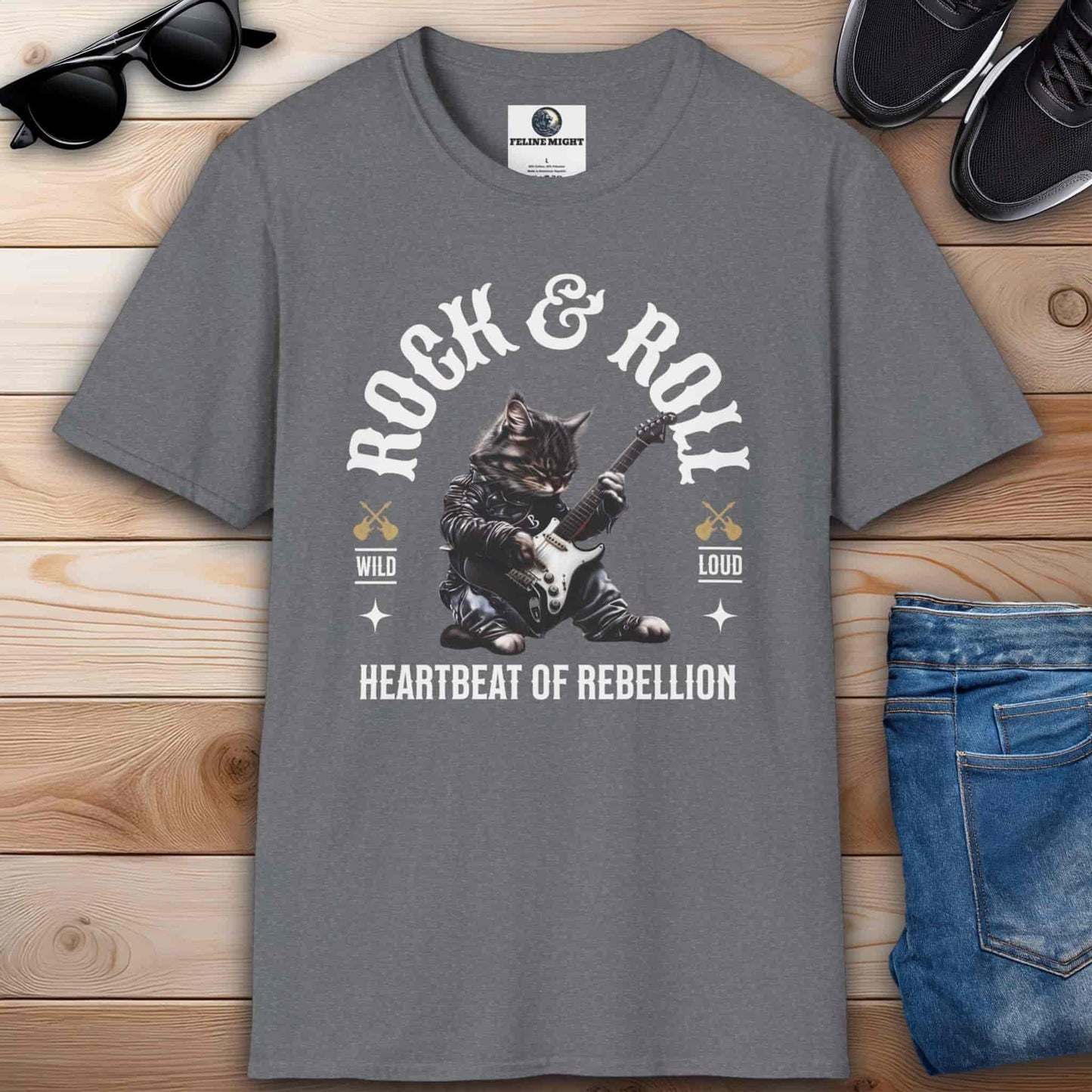 Athletic heather grey t-shirt featuring a cat playing guitar with 'Rock & Roll' text.