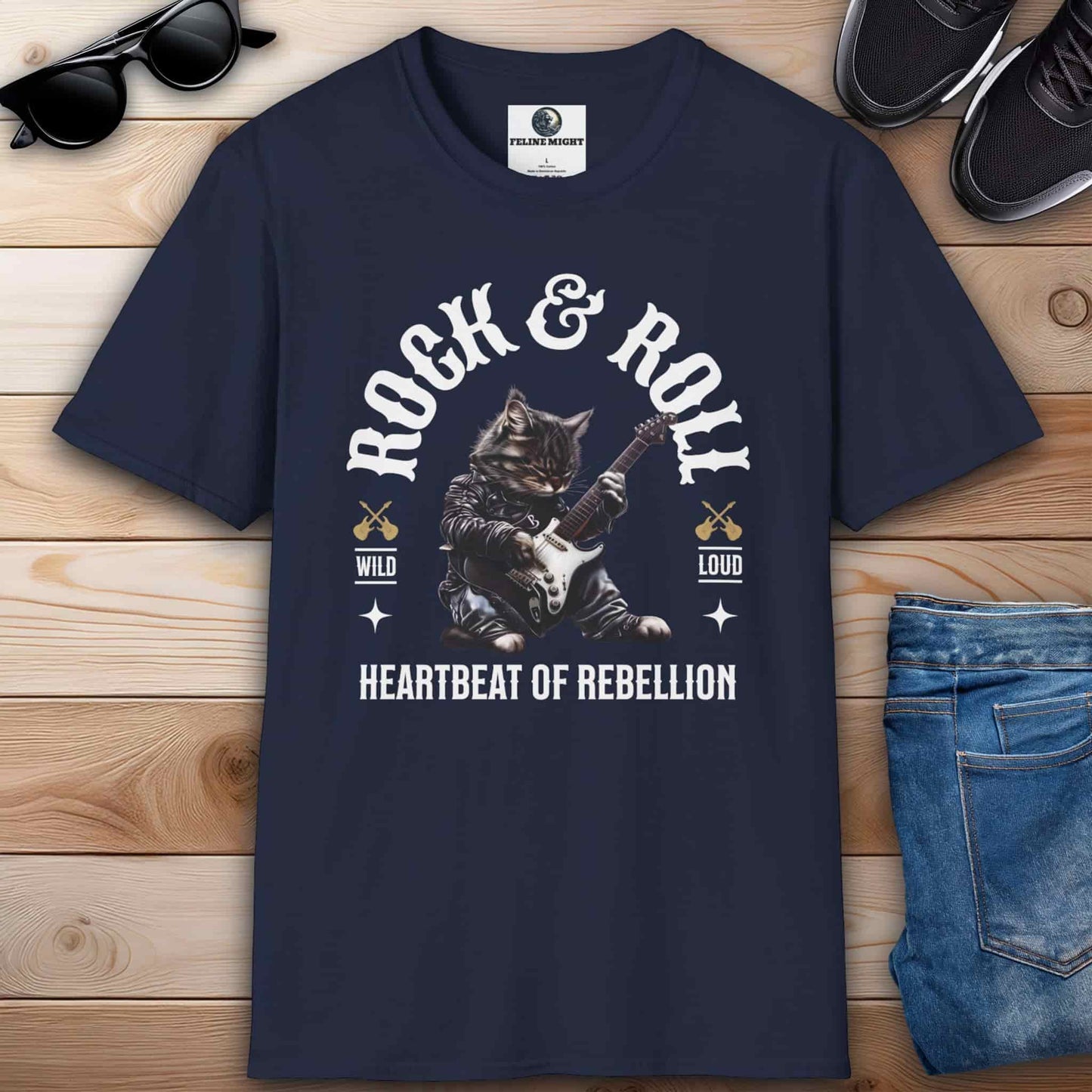 Navy blue t-shirt featuring a cat playing guitar with 'Rock & Roll' text.