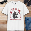 White Rock ’N’ Roll Cat Graphic T-Shirt featuring a cat playing guitar with 'Rock & Roll' text.