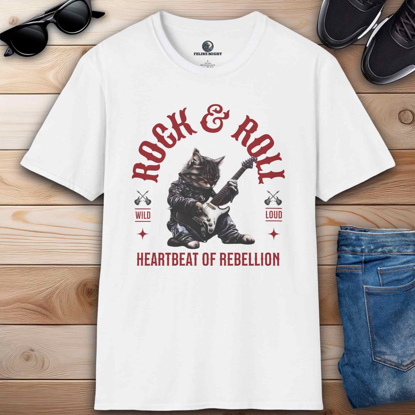 White t-shirt featuring a cat playing guitar with 'Rock & Roll' text.