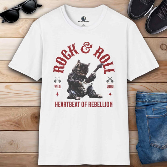 White t-shirt featuring a cat playing guitar with 'Rock & Roll' text.