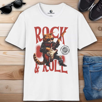 A cartoon cat dressed as a rockstar playing guitar on a stylish white t-shirt