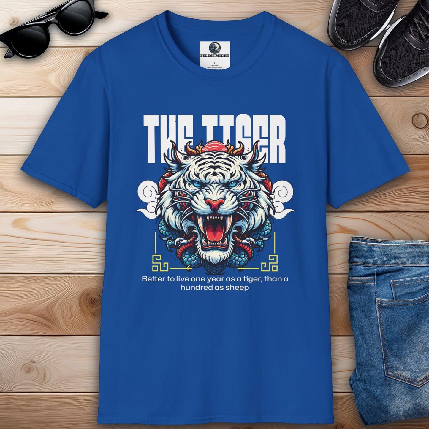 Royal blue t-shirt featuring a fierce tiger graphic and motivational quote