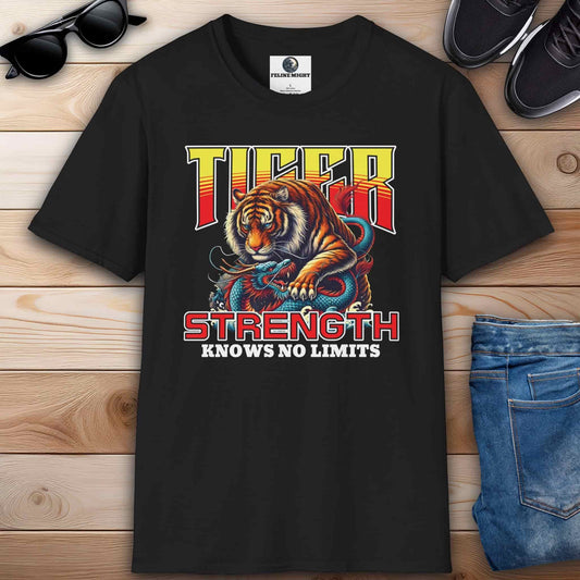 Black t-shirt featuring a tiger and the phrase 'Strength Knows No Limits'