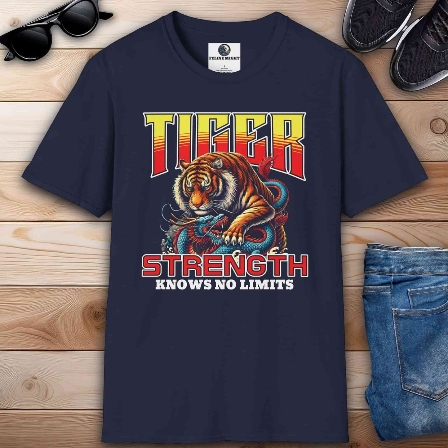 Navy blue t-shirt featuring a tiger and dragon design with the text 'Strength Knows No Limits'.