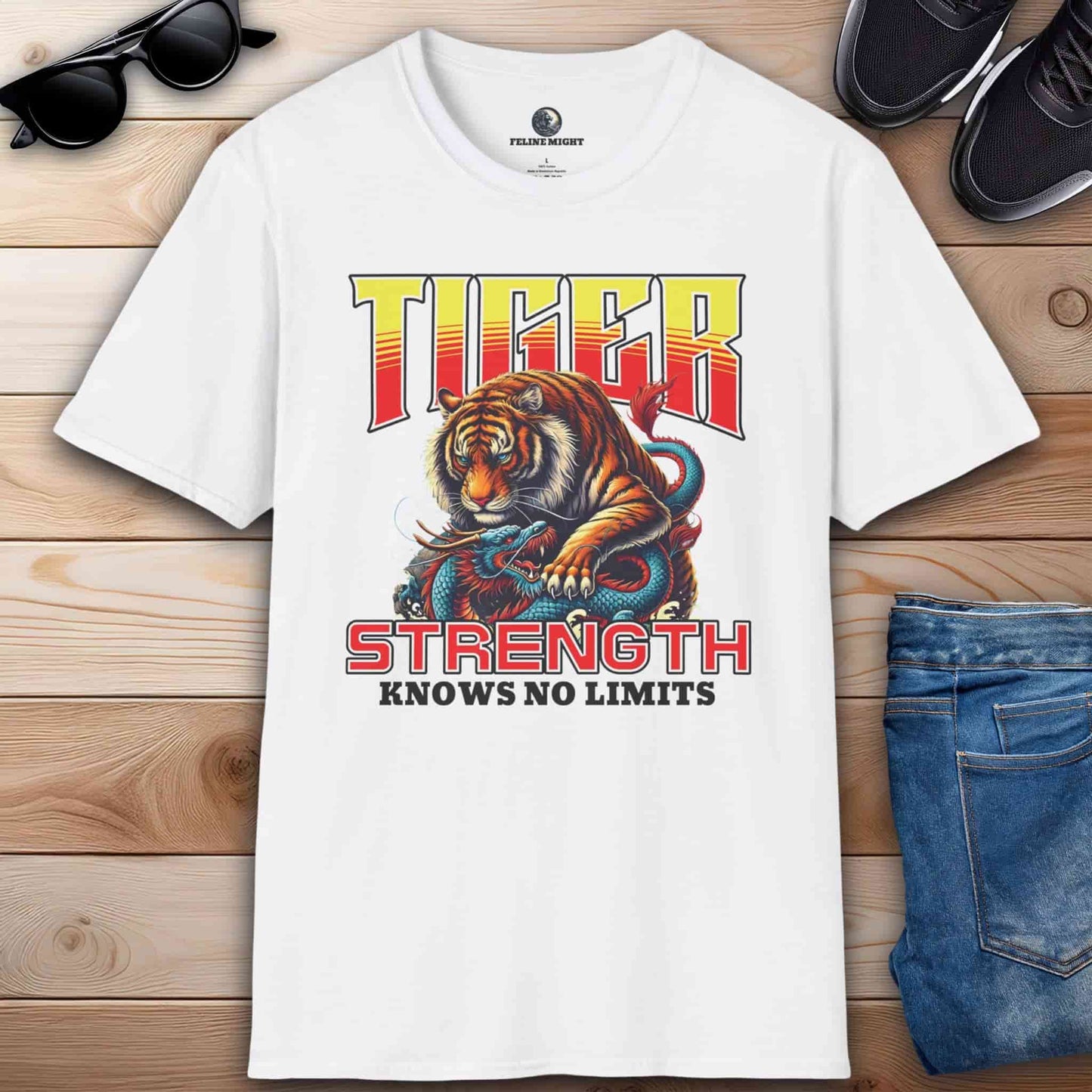 White t-shirt featuring a tiger and dragon design with the text 'Strength Knows No Limits'.