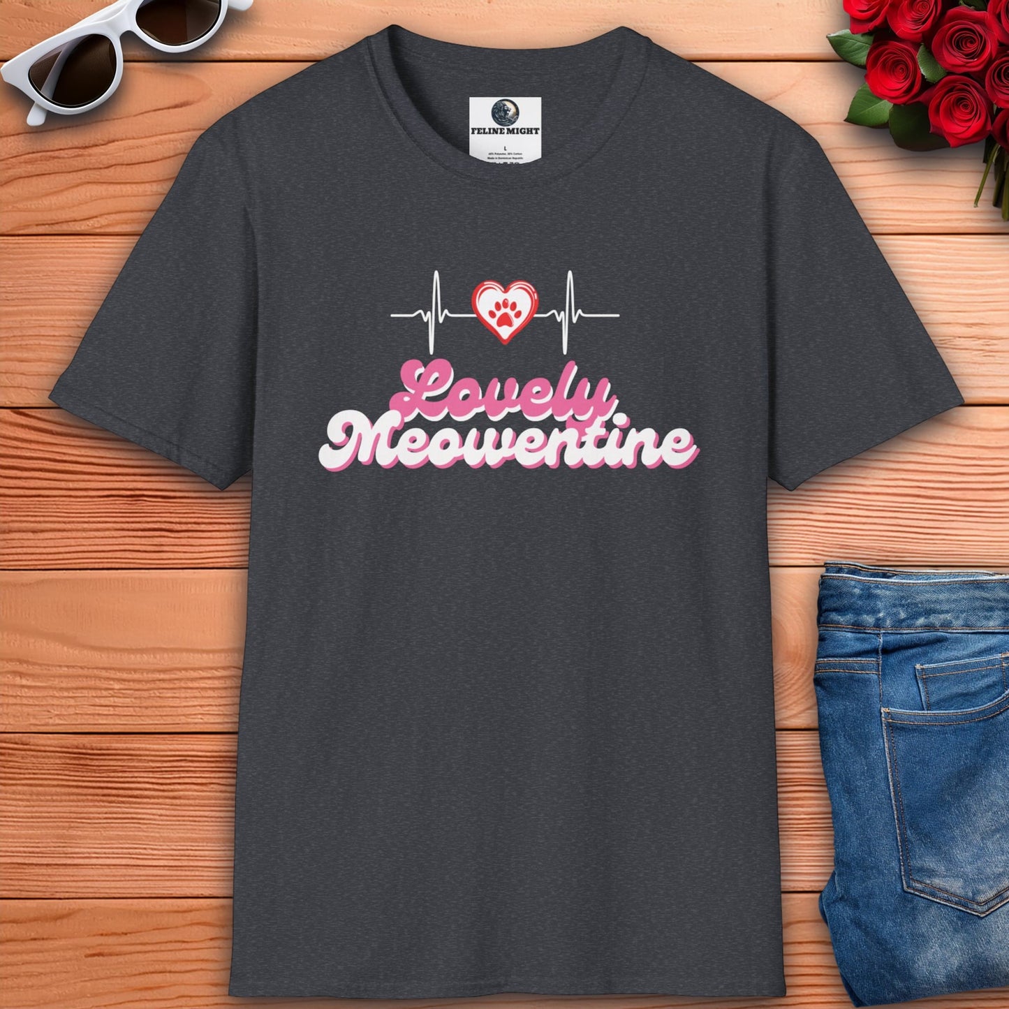 Dark heather grey t-shirt with 'Lovely Meoventine' design featuring a heart and heartbeat line