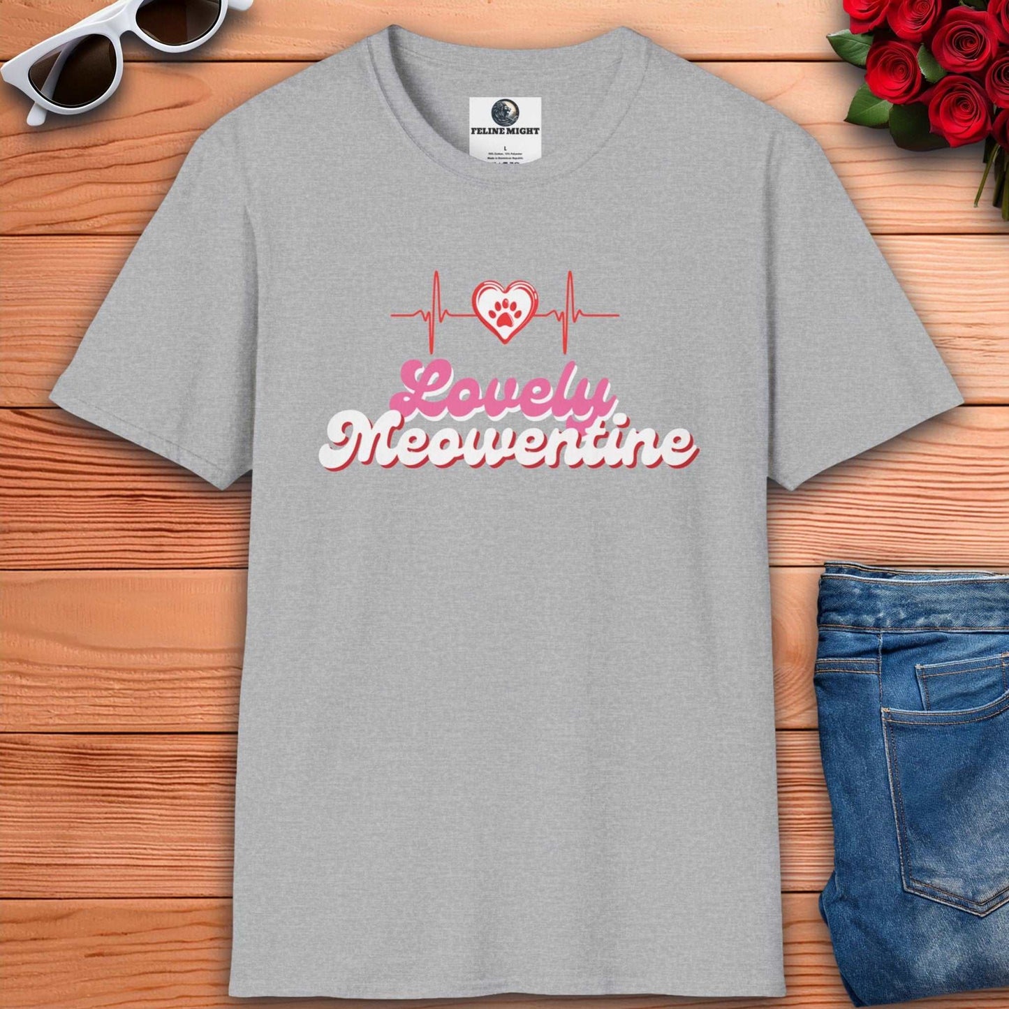 Grey t-shirt with 'Lovely Meoventine' design featuring a heart and heartbeat line