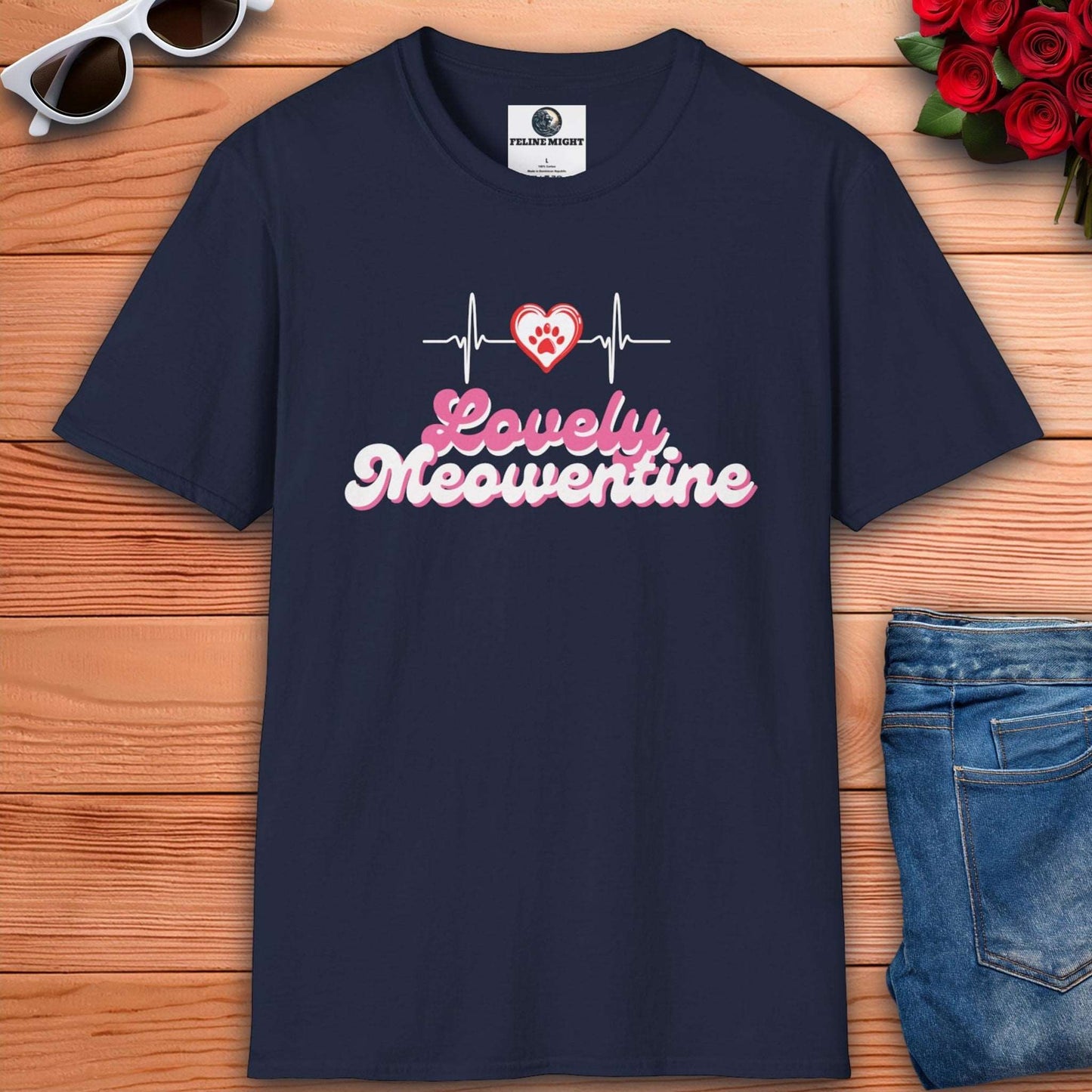 Navy blue t-shirt with 'Lovely Meoventine' design featuring a heart and heartbeat line