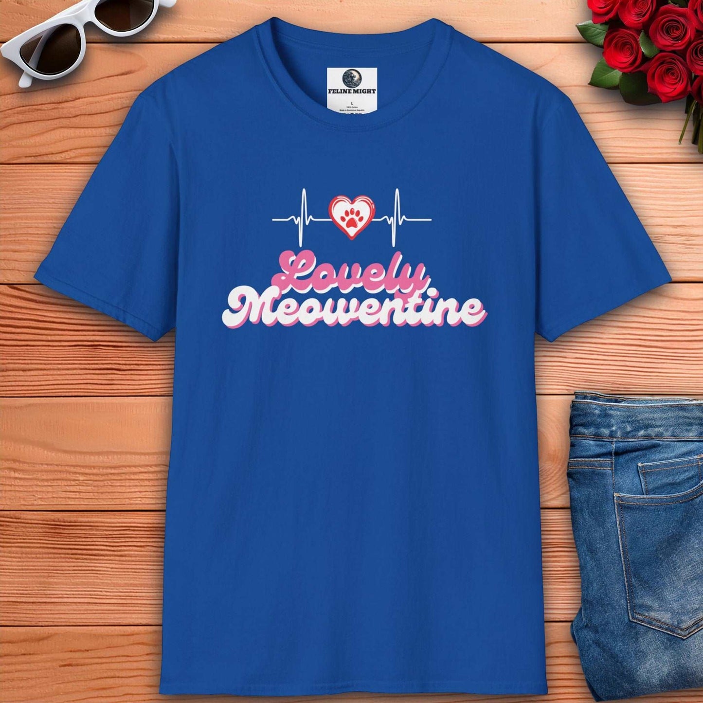 Royal blue t-shirt with 'Lovely Meoventine' design featuring a heart and heartbeat line