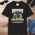 Stylish black Supreme Overlord Lion Leadership T-Shirt showcasing a lion and a warrior, emphasizing the phrase 'A lion leading sheep is mightier than sheep leading lions'.