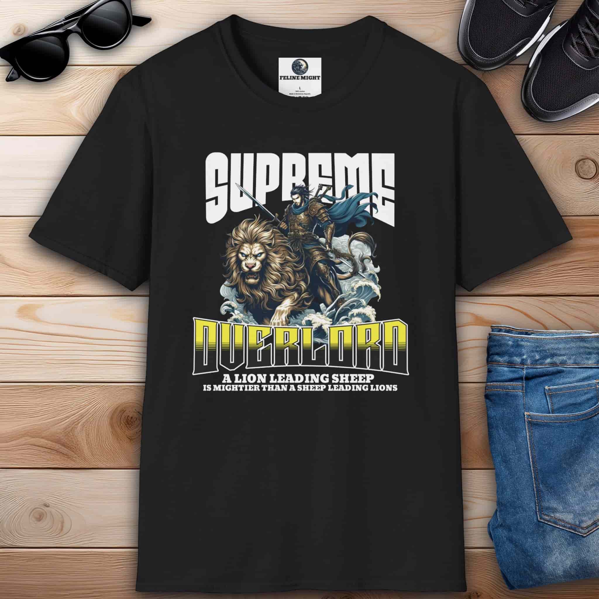 Stylish black Supreme Overlord Lion Leadership T-Shirt showcasing a lion and a warrior, emphasizing the phrase 'A lion leading sheep is mightier than sheep leading lions'.