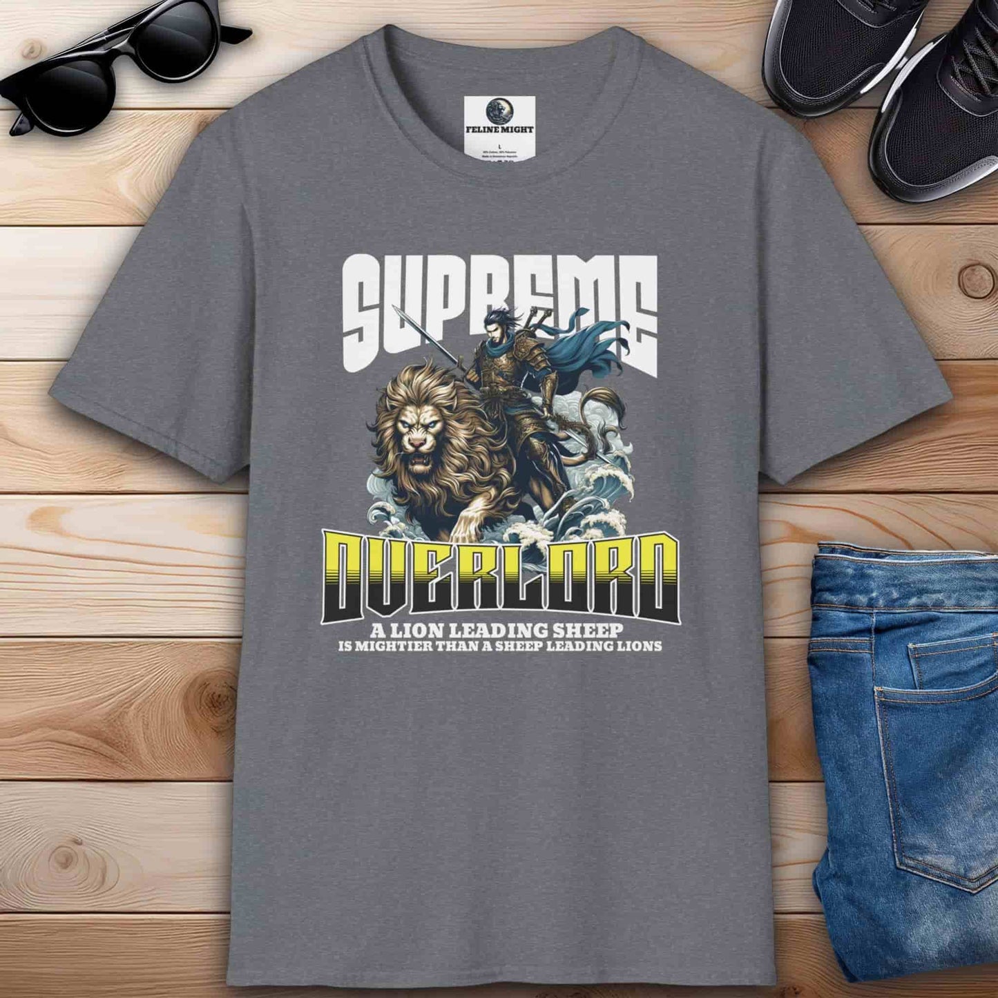 Stylish athletic heather grey t-shirt showcasing a lion and a warrior, emphasizing the phrase 'A lion leading sheep is mightier than sheep leading lions'.