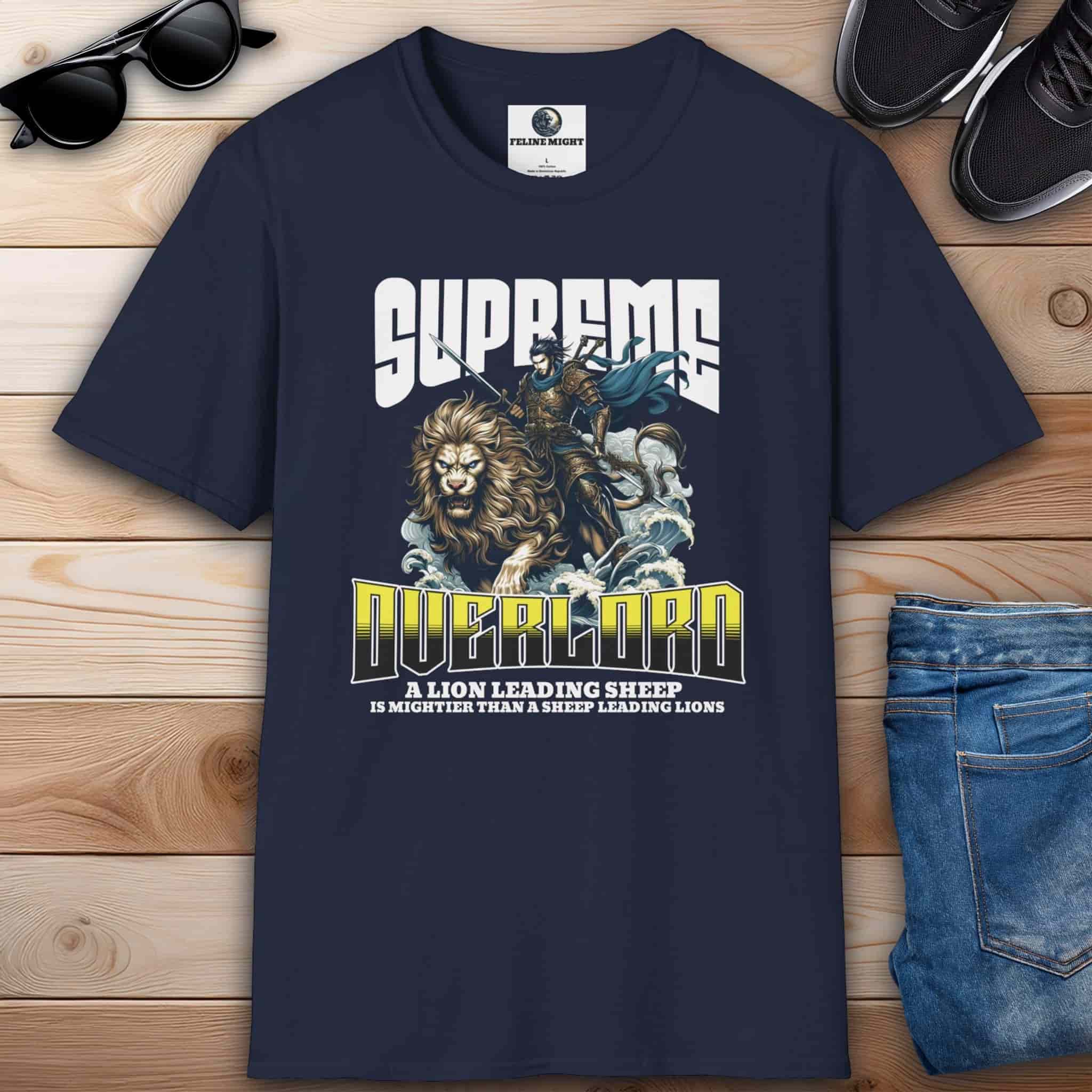 Stylish navy blue Supreme Overlord Lion Leadership T-Shirt showcasing a lion and a warrior, emphasizing the phrase 'A lion leading sheep is mightier than sheep leading lions'.