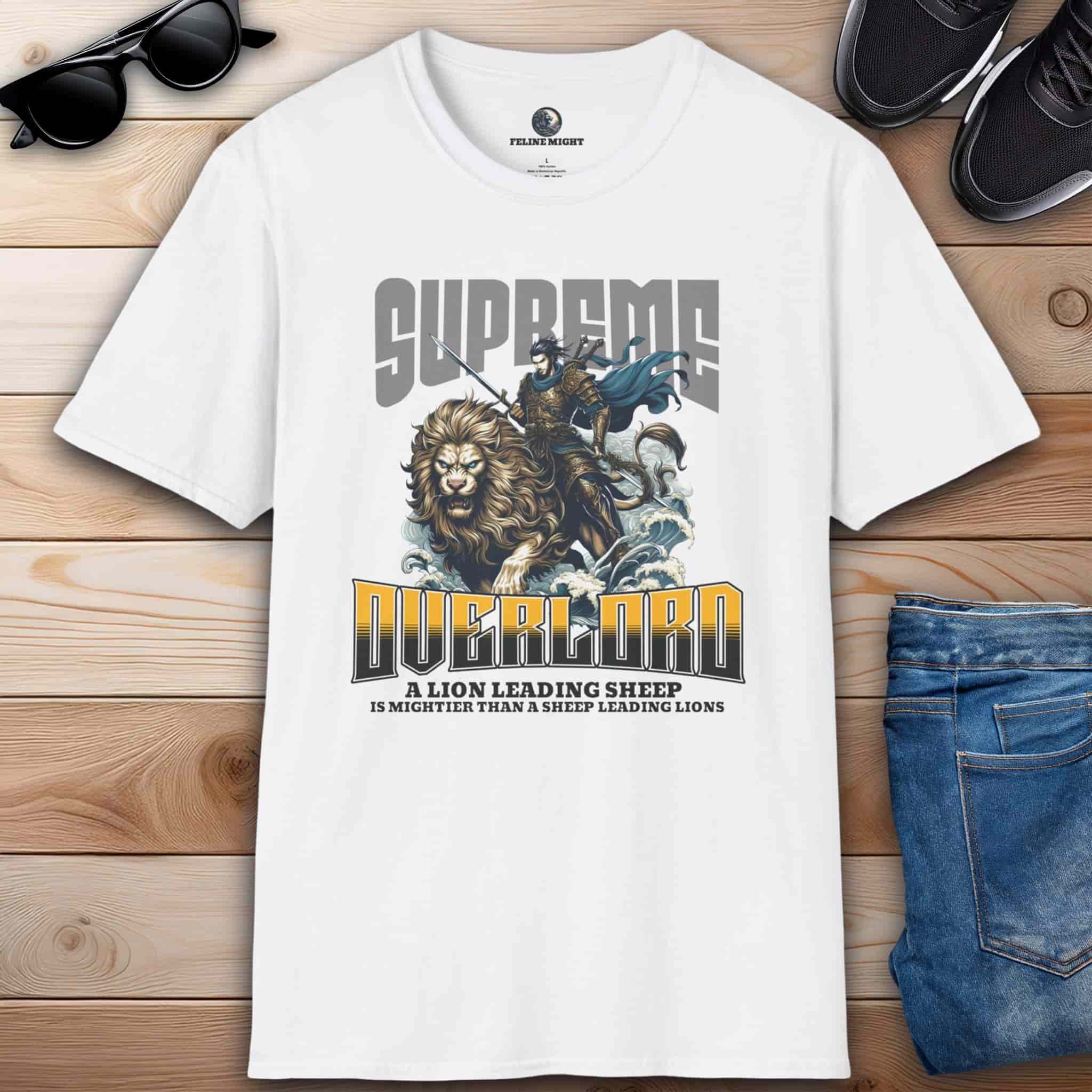 Stylish white Supreme Overlord Lion Leadership T-Shirt showcasing a lion and a warrior, emphasizing the phrase 'A lion leading sheep is mightier than sheep leading lions'.