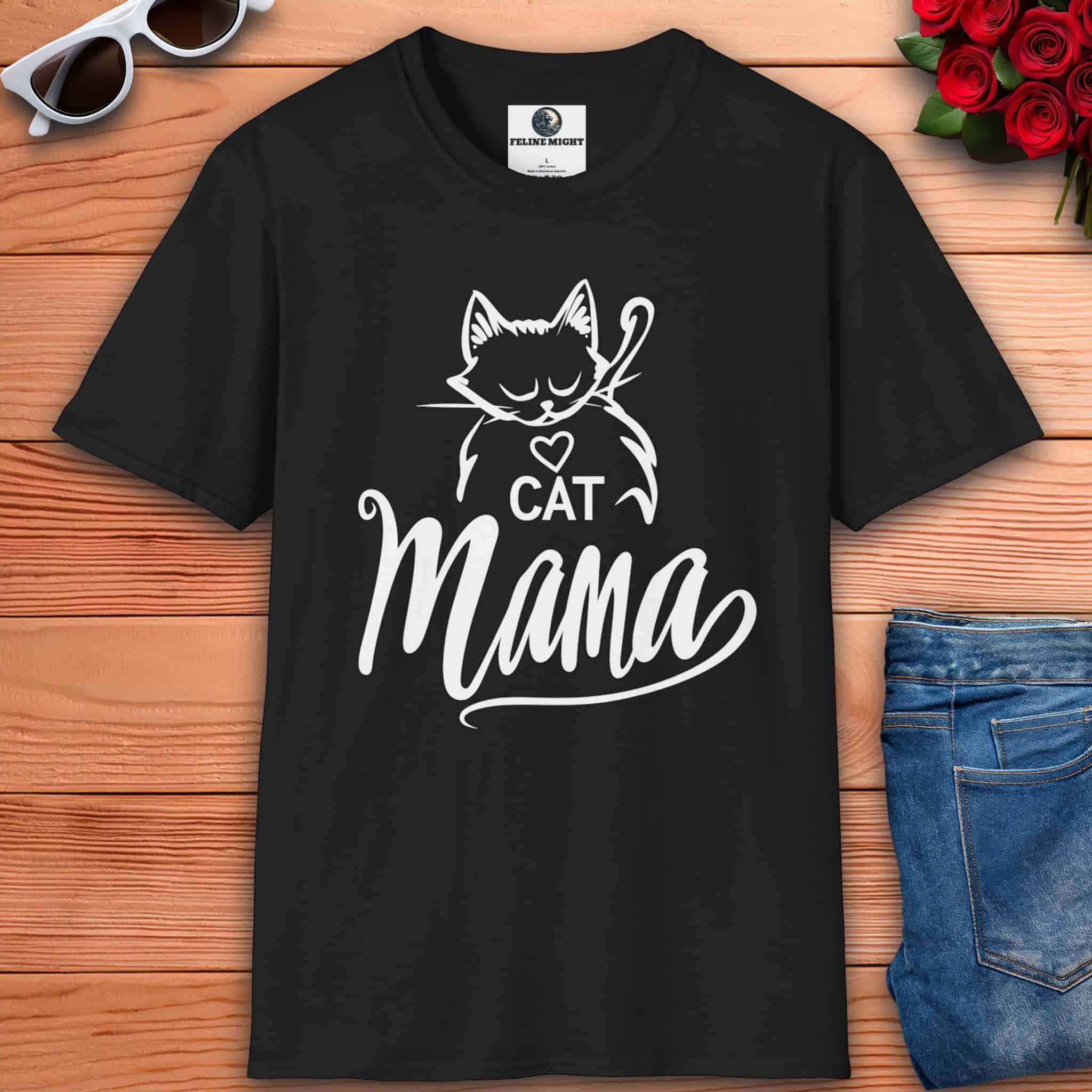 A black Sweet Cat Mama T-Shirt with a playful cat design, perfect for proud cat moms.