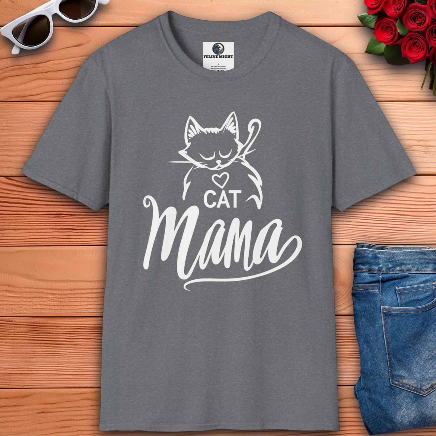 A gray Sweet Cat Mama T-Shirt with a playful cat design, perfect for proud cat moms.