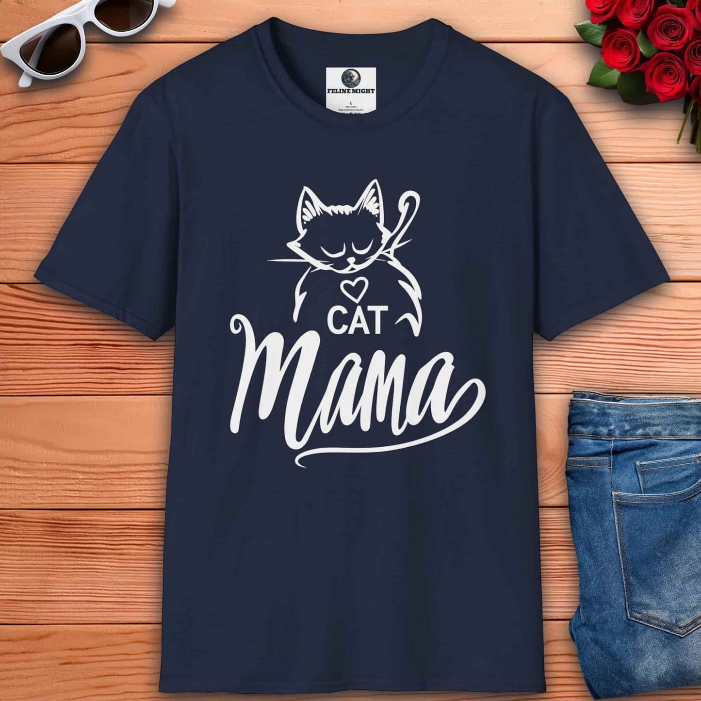 A navy blue Sweet Cat Mama T-Shirt with a playful cat design, perfect for proud cat moms.