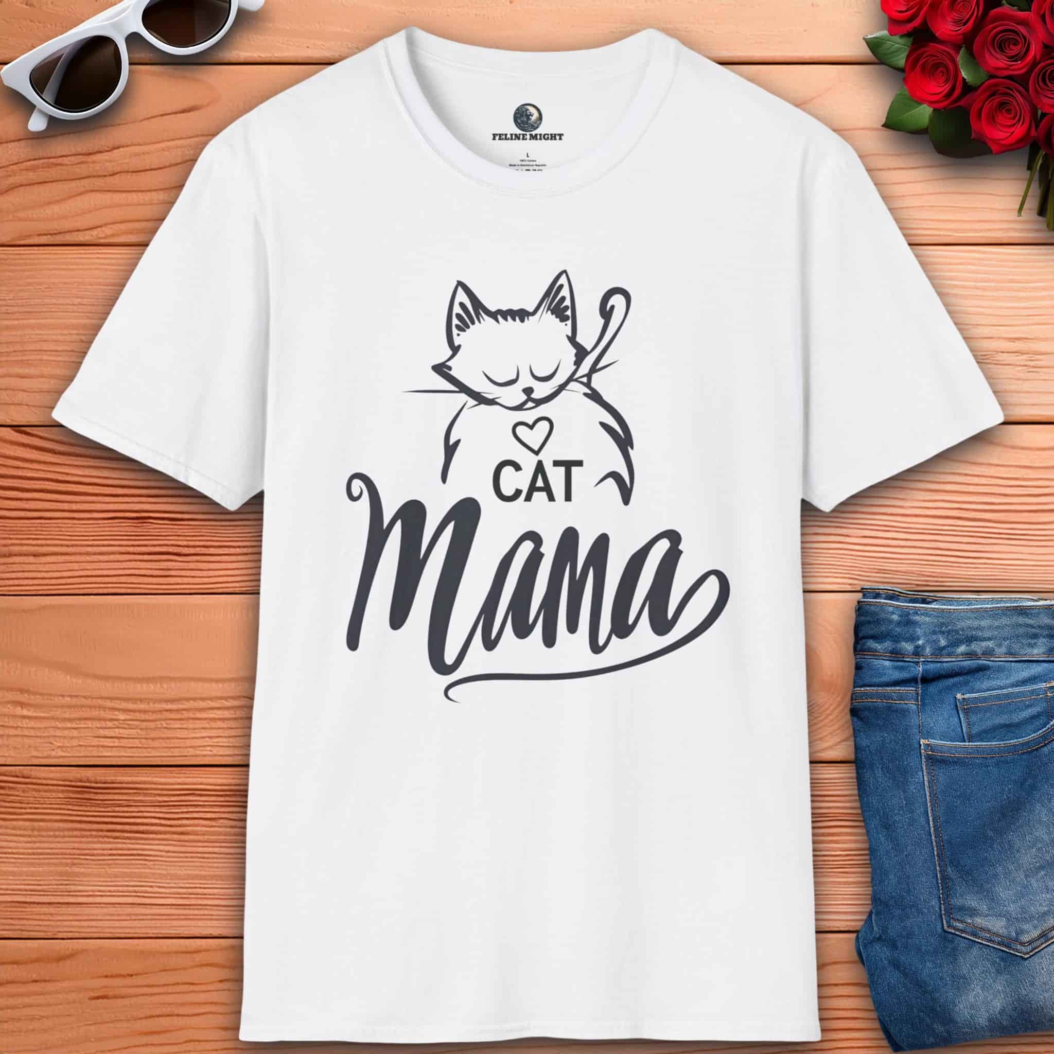 A white Sweet Cat Mama T-Shirt with a playful cat design, perfect for proud cat moms.