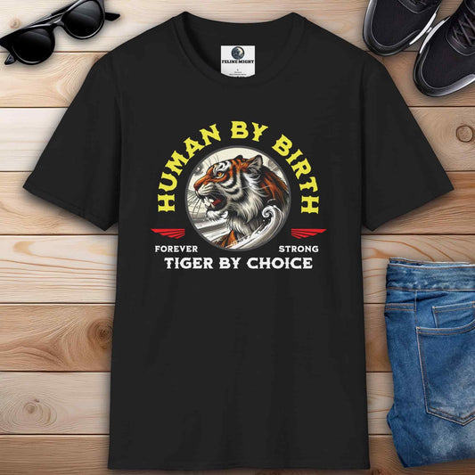 Black t-shirt with 'Human by Birth, Tiger by Choice' graphic design featuring a majestic tiger.