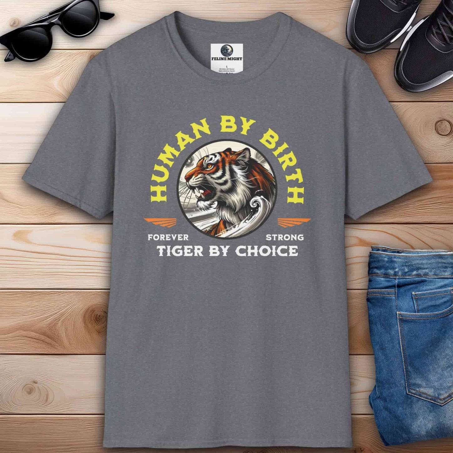 Athletic heather grey t-shirt with 'Human by Birth, Tiger by Choice' graphic design featuring a majestic tiger.