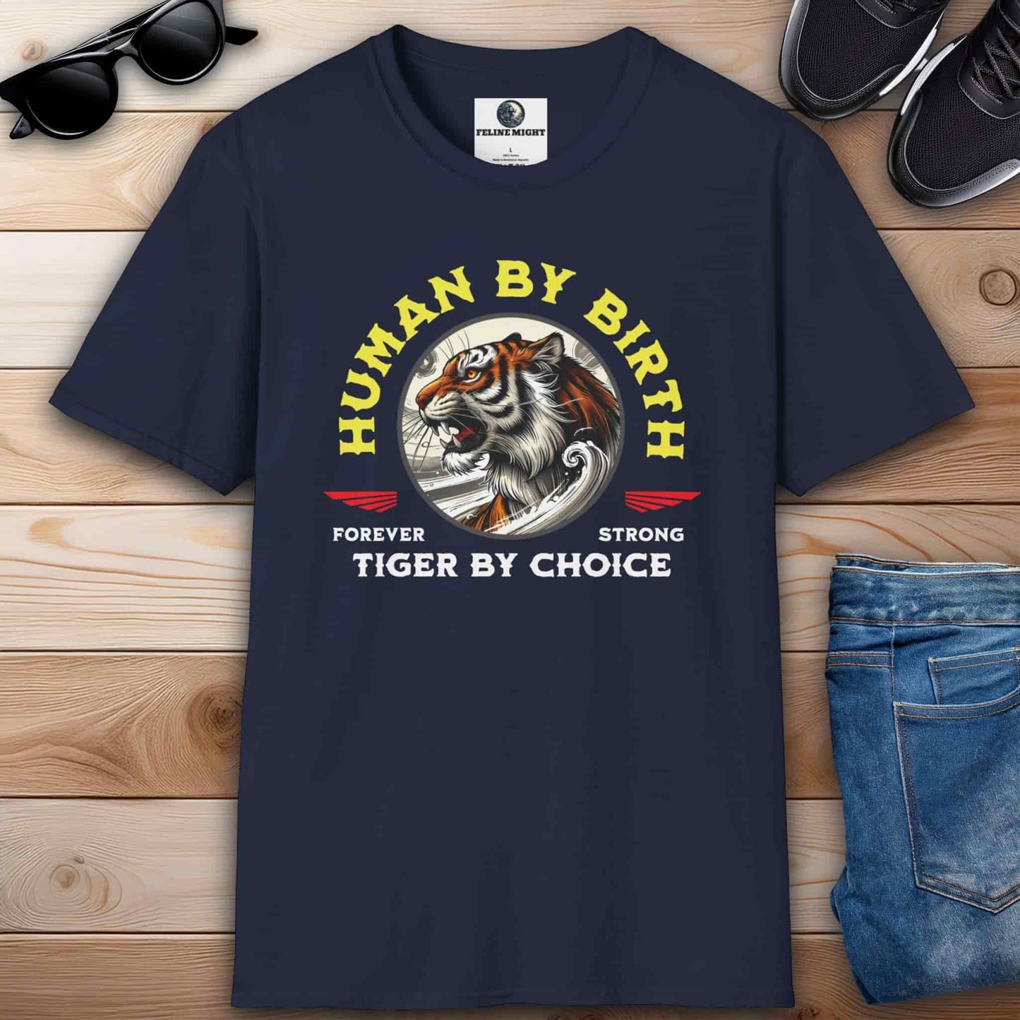 Navy blue t-shirt with 'Human by Birth, Tiger by Choice' graphic design featuring a majestic tiger.