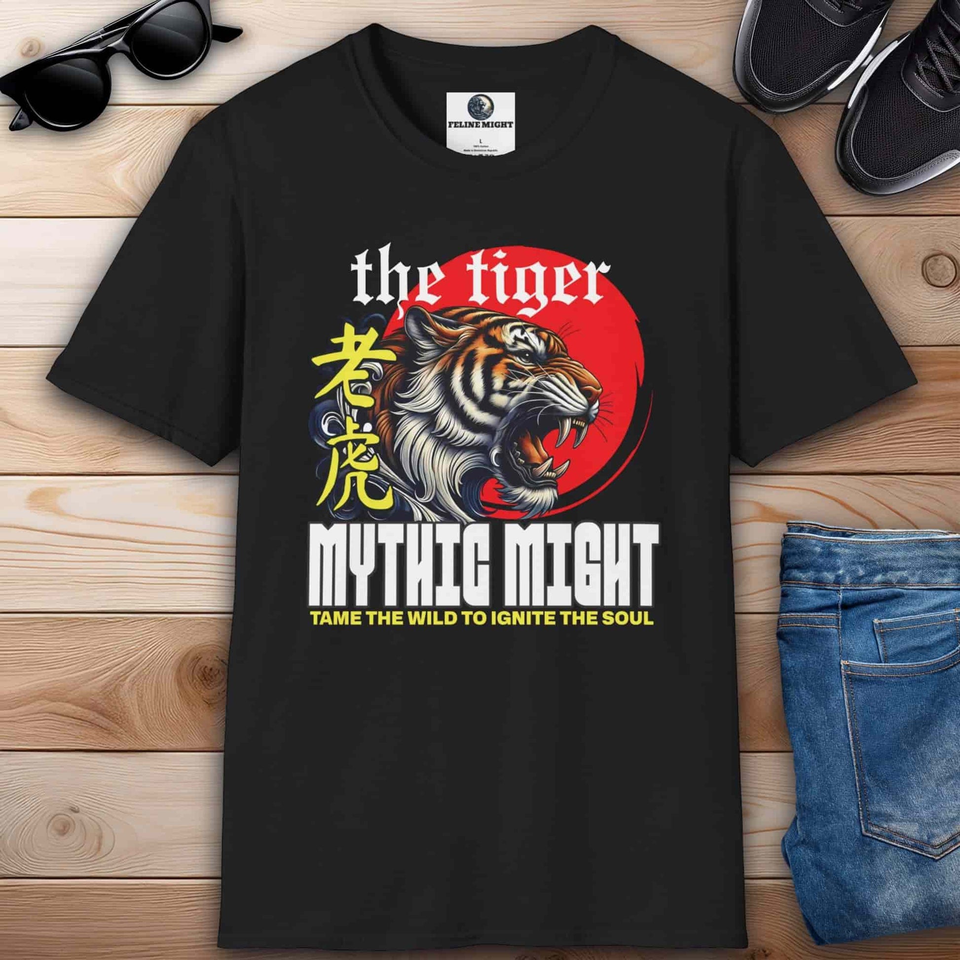 Black t-shirt featuring a fierce tiger design with the text 'Mythic Might' and 'Tame the Wild to Ignite the Soul'.