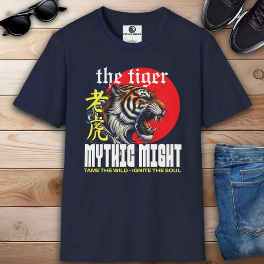 Navy blue t-shirt featuring a fierce tiger design with the text 'Mythic Might' and 'Tame the Wild - Ignite the Soul'.