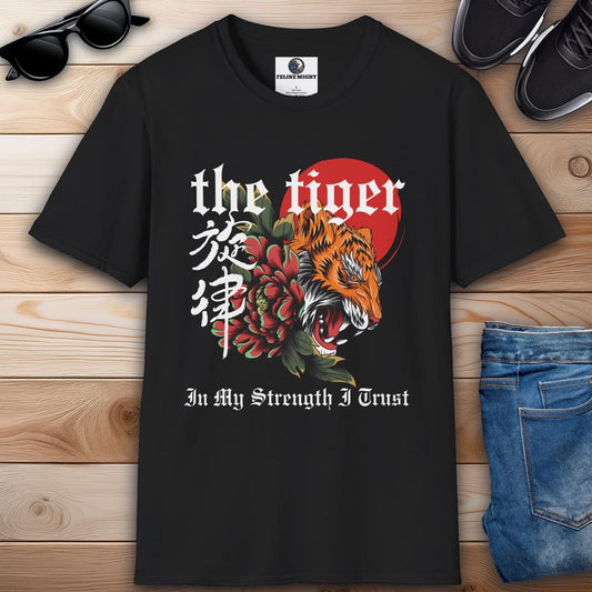 Black t-shirt featuring a tiger design with floral elements and the phrase 'In My Strength I Trust'