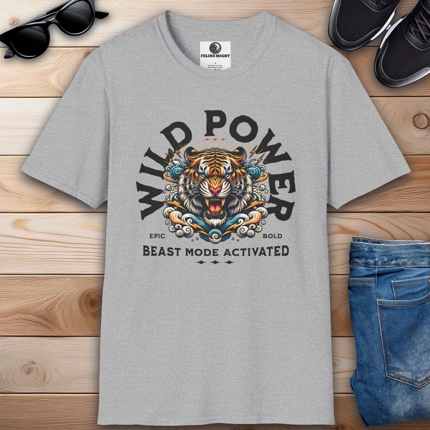 Grey T-shirt showcasing 'Wild Power' and 'Beast Mode Activated' text with a fierce tiger illustration