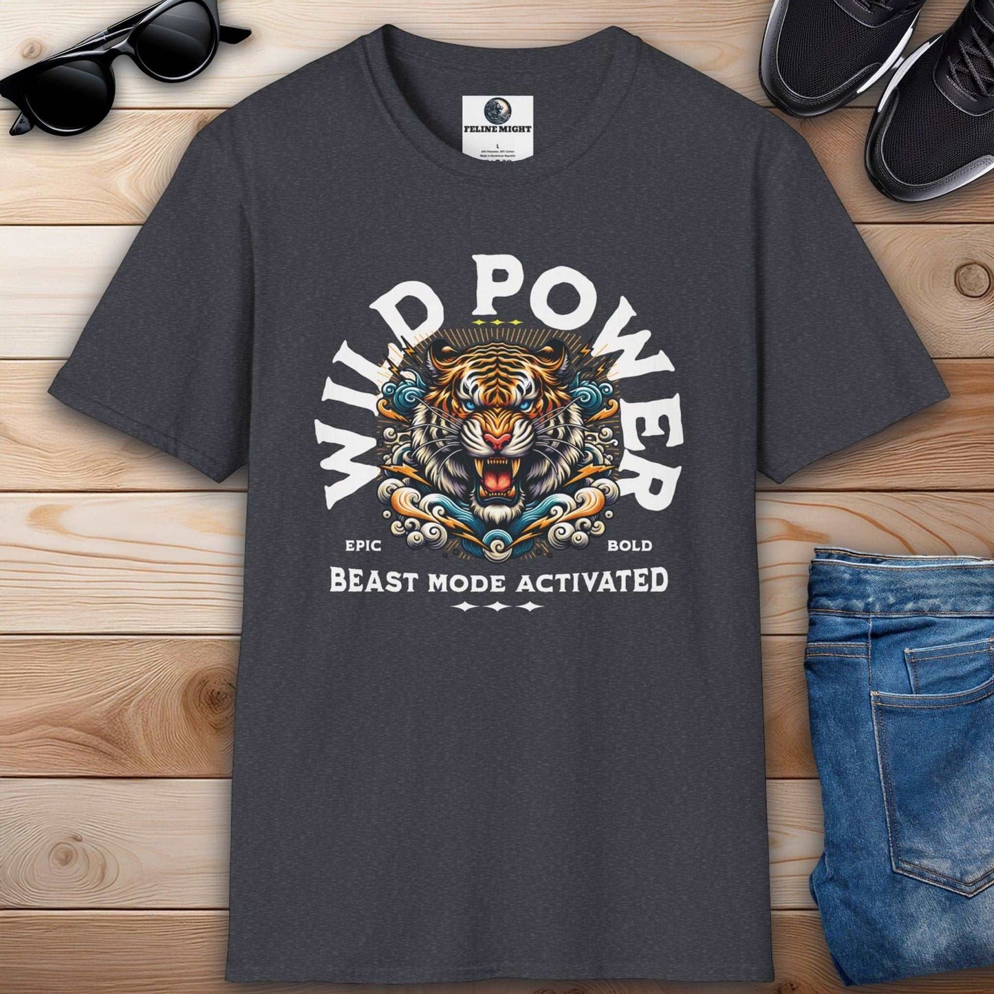 Dark heather grey T-shirt showcasing 'Wild Power' and 'Beast Mode Activated' text with a fierce tiger illustration