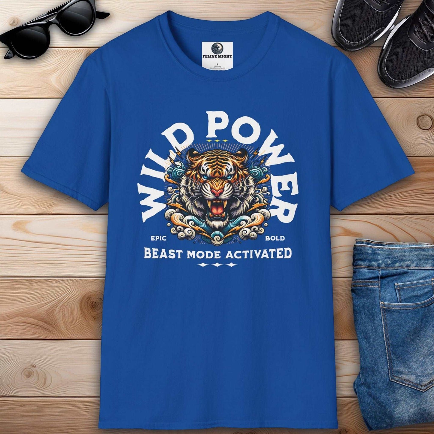 Royal blue T-shirt showcasing 'Wild Power' and 'Beast Mode Activated' text with a fierce tiger illustration