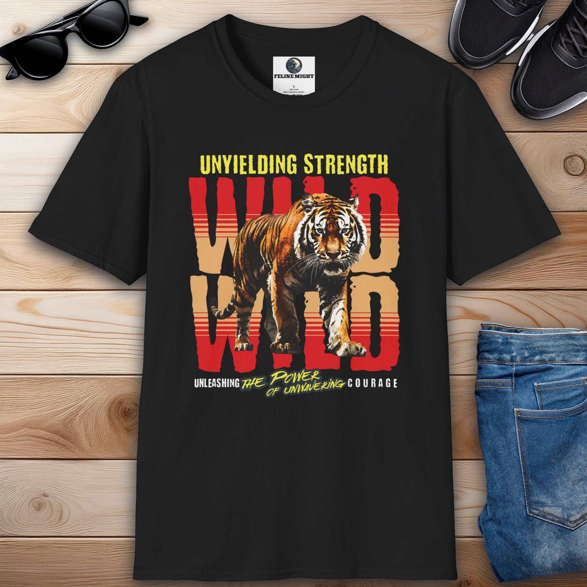 Black T-shirt featuring a tiger graphic with the text 'Unyielding Strength' and 'Wild' on a wooden background.