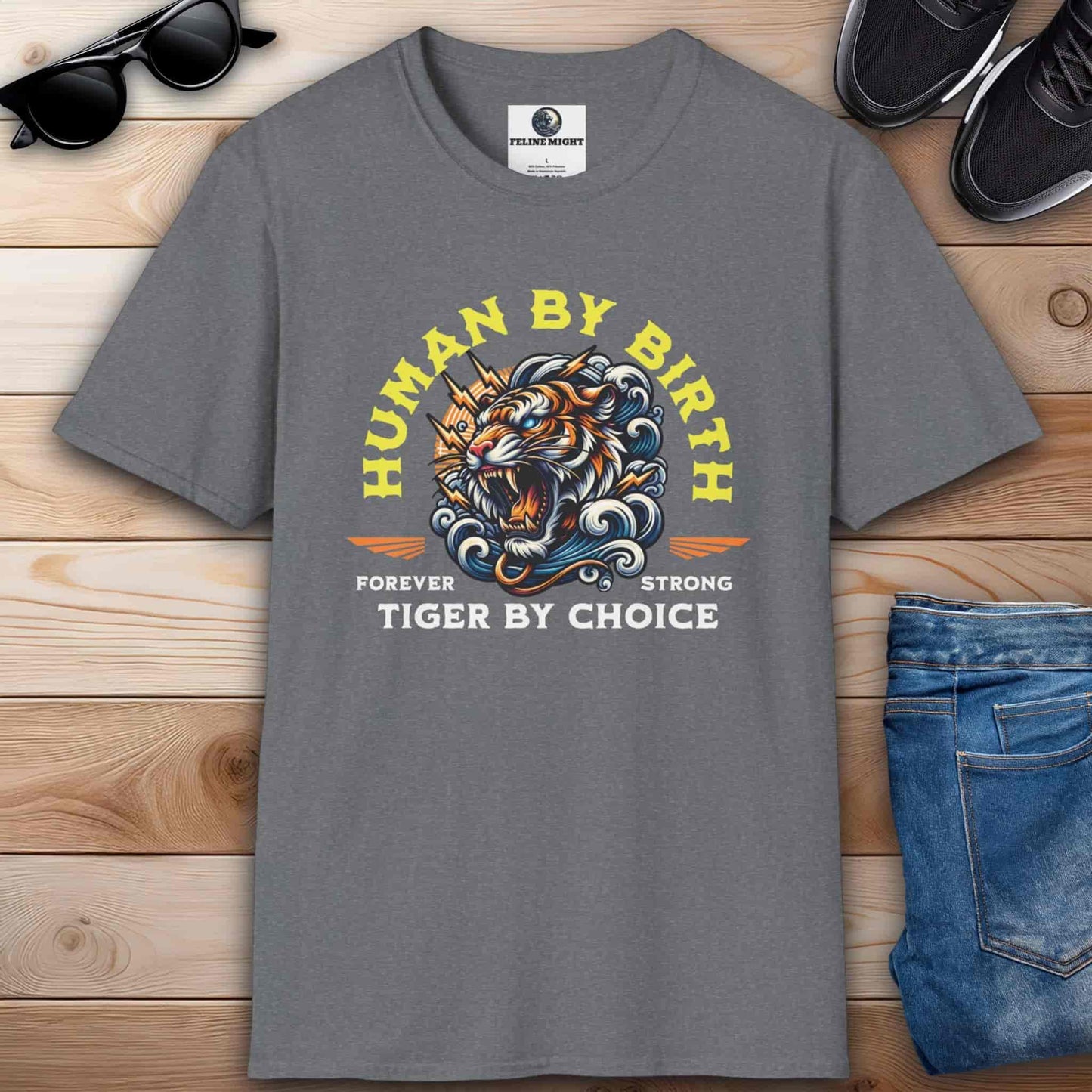 Athletic heather grey t-shirt with 'Human By Birth, Tiger By Choice' design featuring a fierce tiger.