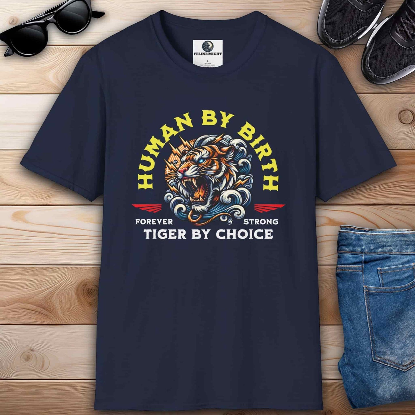 Navy blue t-shirt with 'Human By Birth, Tiger By Choice' design featuring a fierce tiger.