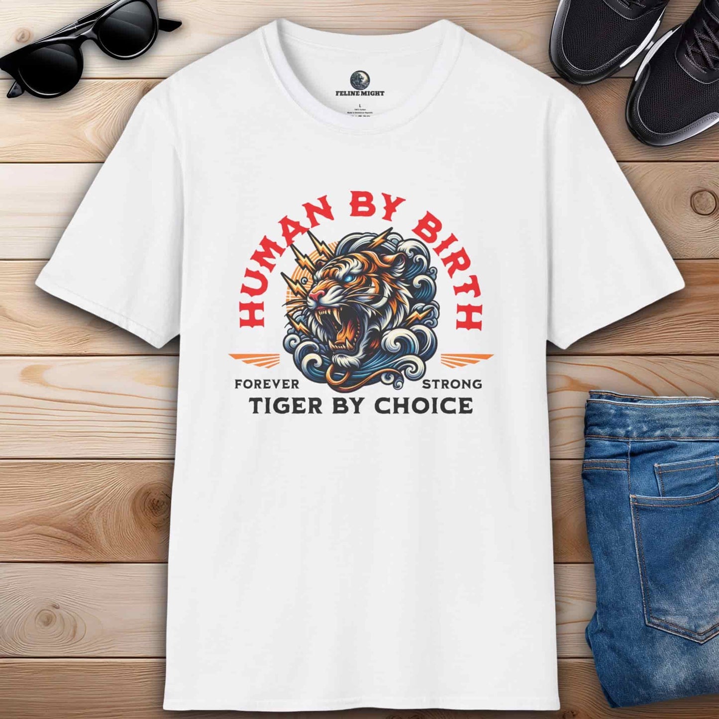 White t-shirt with 'Human By Birth, Tiger By Choice' design featuring a fierce tiger.