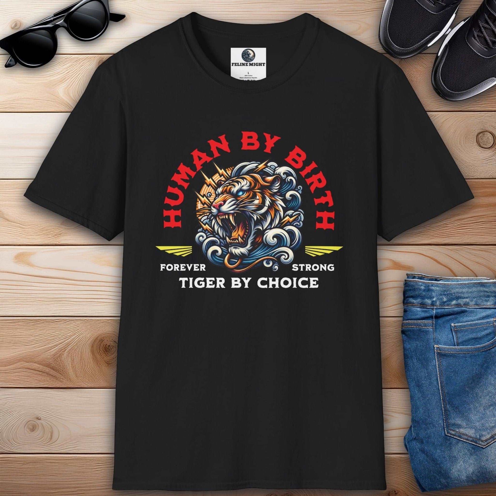 Graphic black t-shirt with 'Human by Birth, Tiger by Choice' design featuring a fierce tiger