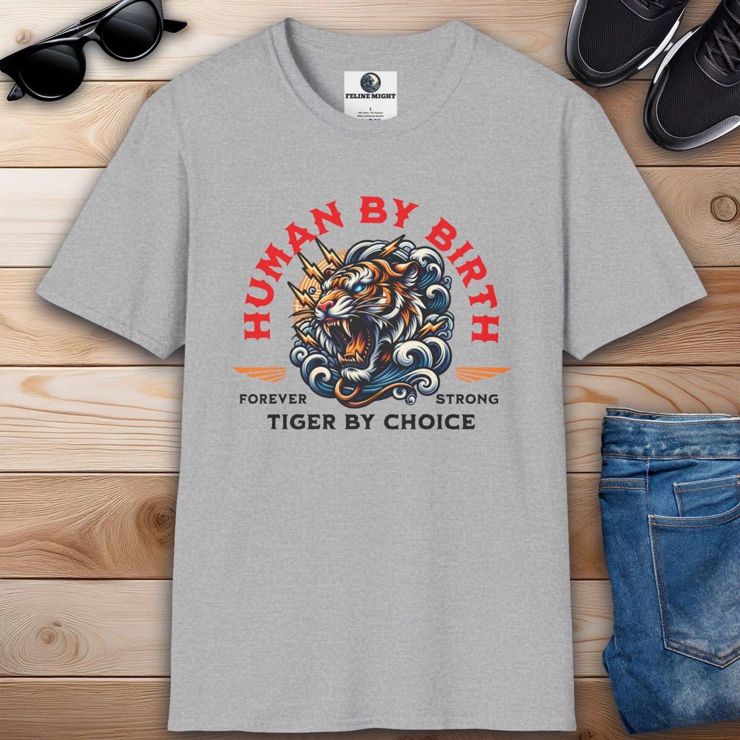 Graphic t-shirt with 'Human by Birth, Tiger by Choice' design featuring a fierce tiger