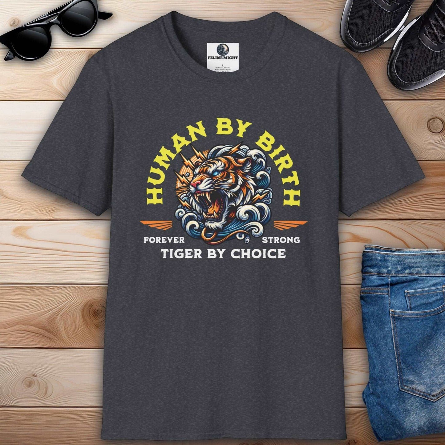 Graphic dark heather grey t-shirt with 'Human by Birth, Tiger by Choice' design featuring a fierce tiger