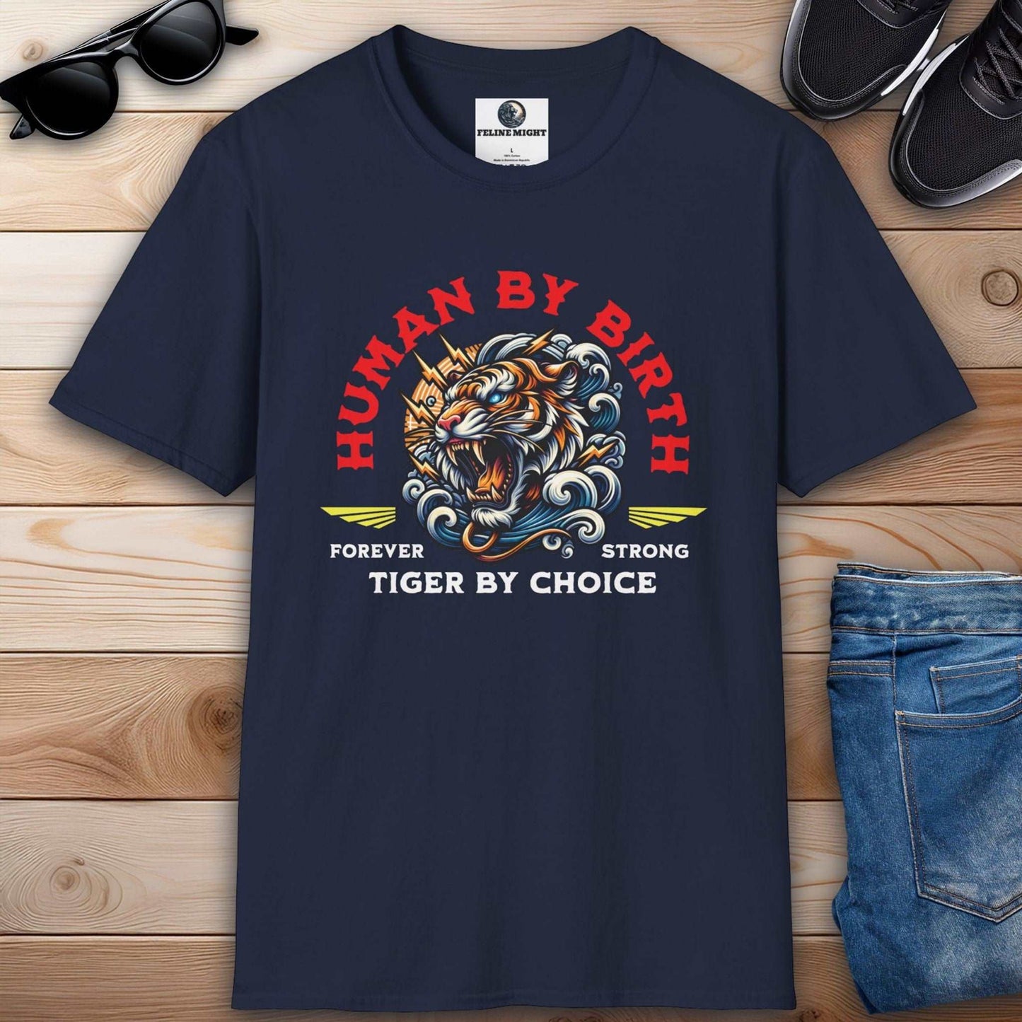 Graphic navy blue t-shirt with 'Human by Birth, Tiger by Choice' design featuring a fierce tiger