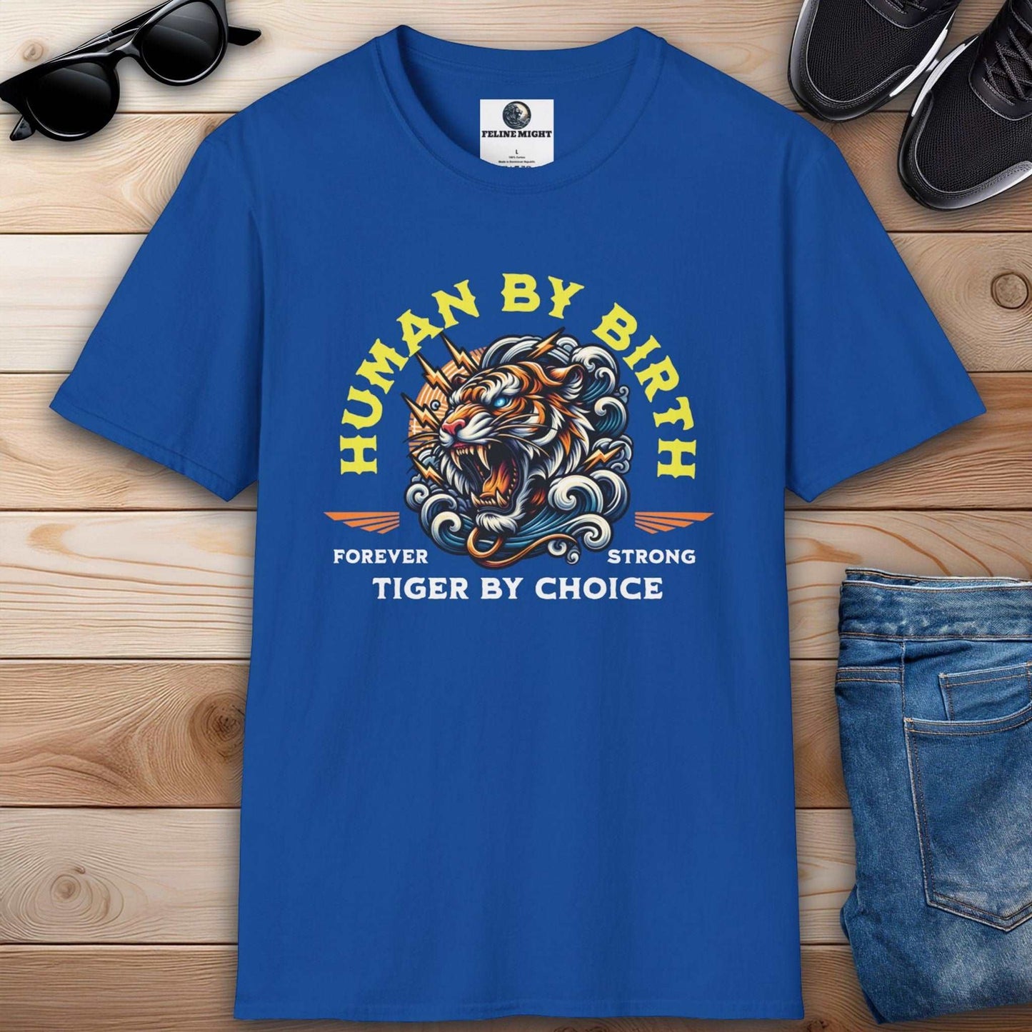 Graphic royal blue t-shirt with 'Human by Birth, Tiger by Choice' design featuring a fierce tiger