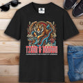 Black "Tiger and Dragon" Legend Graphic T-Shirt featuring a tiger and dragon design with the text 'Harnessing the Power of Legends'