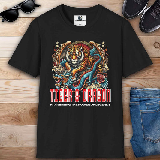 Black t-shirt featuring a tiger and dragon design with the text 'Harnessing the Power of Legends'