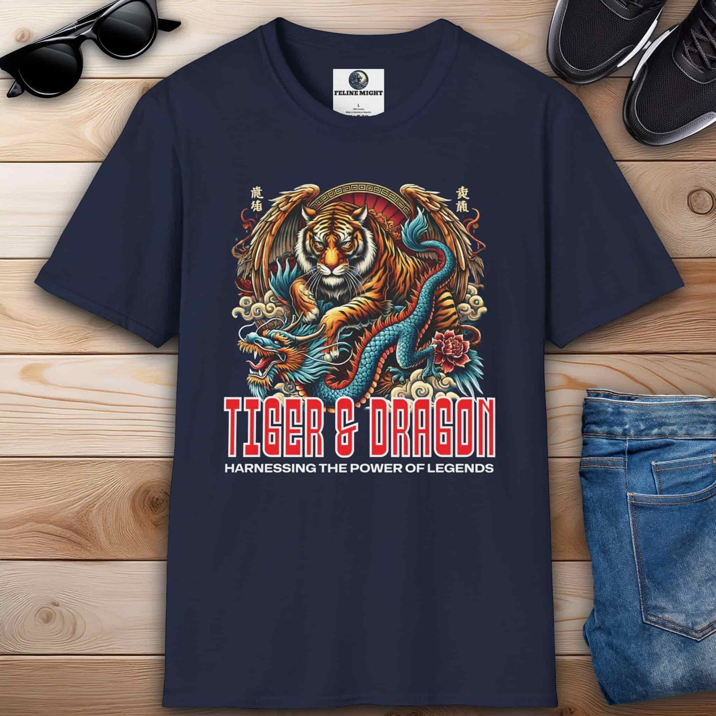 Navy blue t-shirt featuring a tiger and dragon design with the text 'Harnessing the Power of Legends'