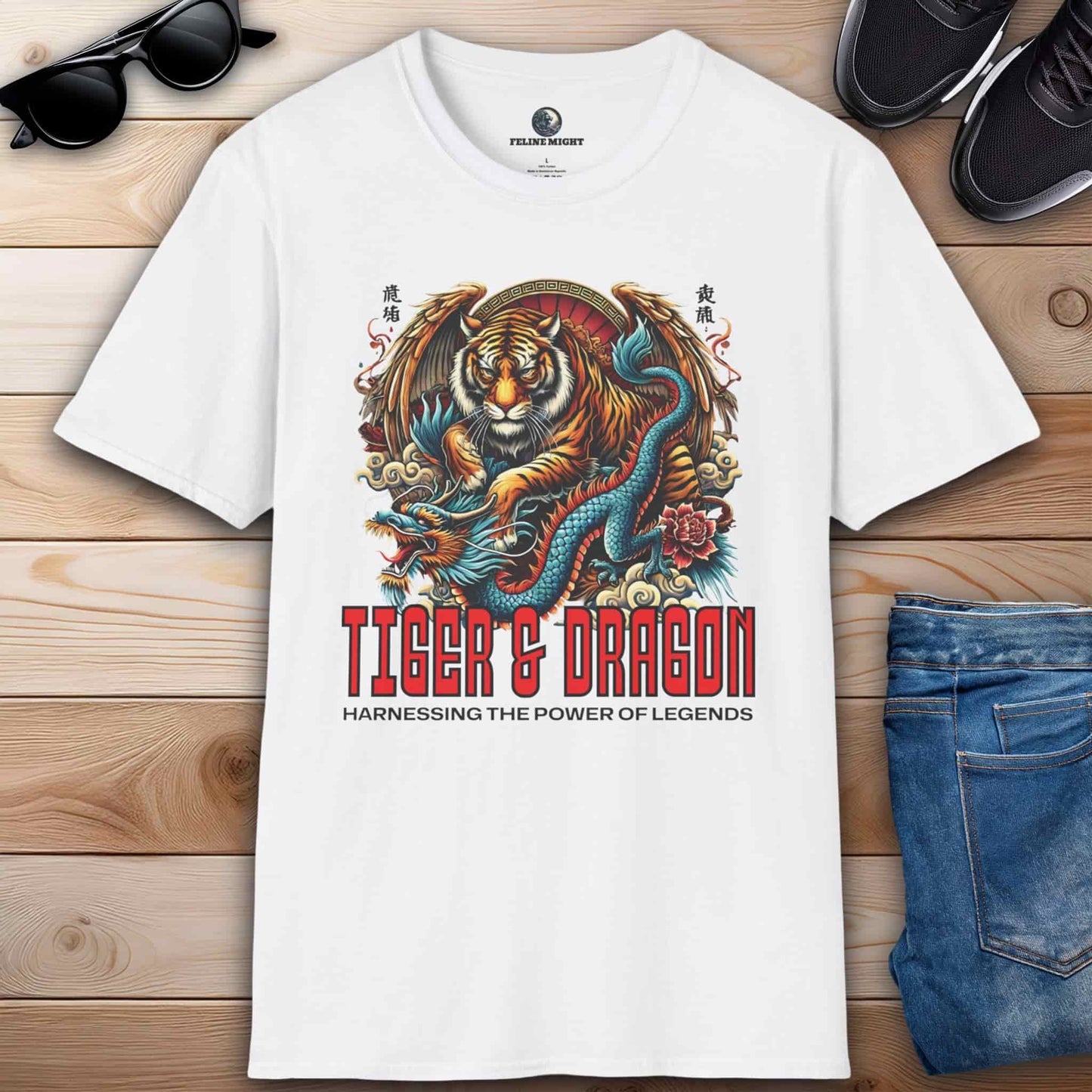 White t-shirt featuring a tiger and dragon design with the text 'Harnessing the Power of Legends'