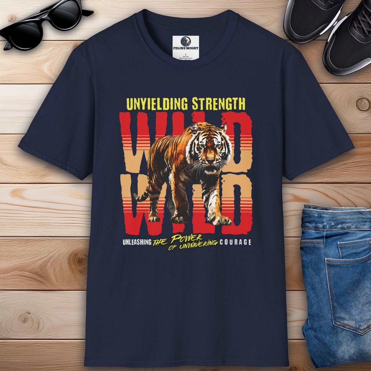 Navy blue T-shirt featuring a tiger graphic with the text 'Unyielding Strength' and 'Wild' on a wooden background.