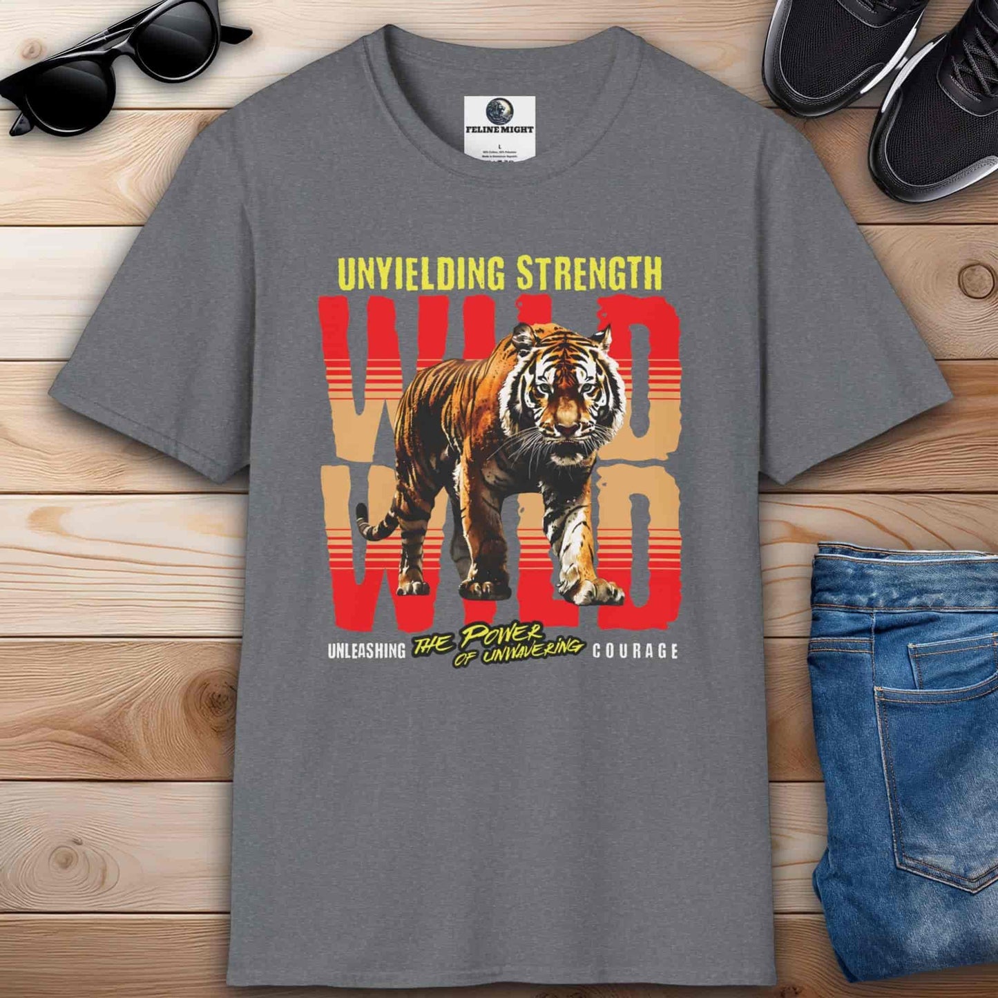 Athletic heather grey t-shirt featuring a fierce tiger design with the words 'Unyielding Strength Wild' and 'Unleashing the Power of Unwavering Courage'.