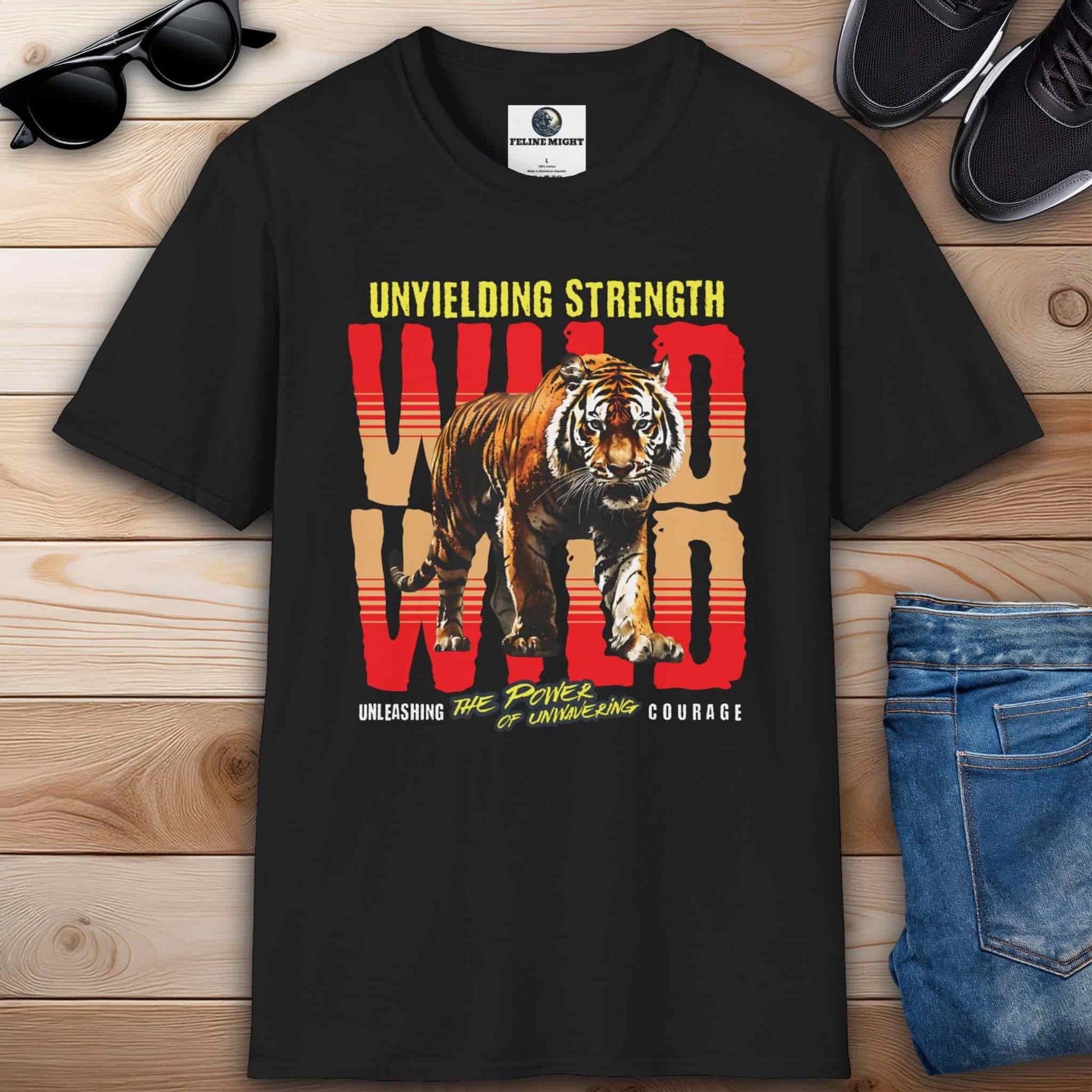 Black t-shirt featuring a fierce tiger design with the words 'Unyielding Strength Wild' and 'Unleashing the Power of Unwavering Courage'.