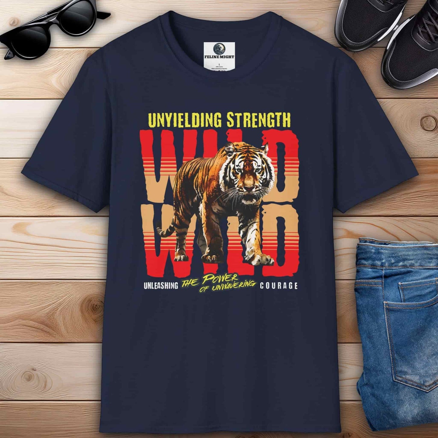 Navy blue t-shirt featuring a fierce tiger design with the words 'Unyielding Strength Wild' and 'Unleashing the Power of Unwavering Courage'.