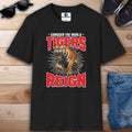 Black Tigers Reign Graphic T-Shirt with a tiger graphic and the text 'Conquer the World'